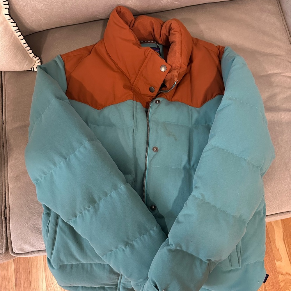 Patagonia Two-Tone Teal and Rust Puffer Jacket
